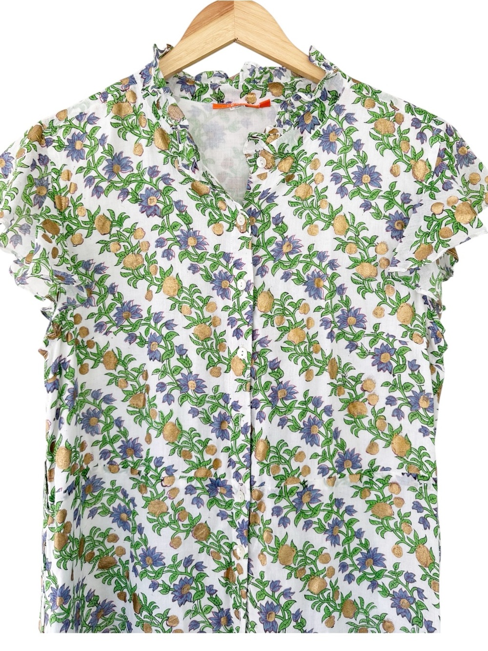 Oliphant • Hand Block Lupina Peri Maxi Dress Ruffle Collar Button Front Cotton - Picture 5 of 12